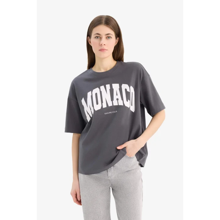 Defacto E2794 Antrasit Oversize Geniş Kalıp Bisiklet Yaka Baskılı Penye Kısa Kollu Tişört