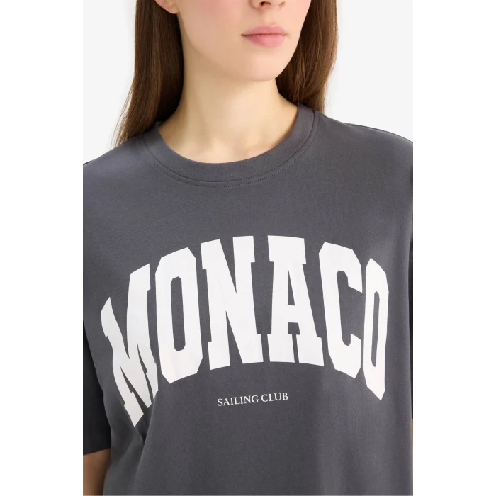 Defacto E2794 Antrasit Oversize Geniş Kalıp Bisiklet Yaka Baskılı Penye Kısa Kollu Tişört