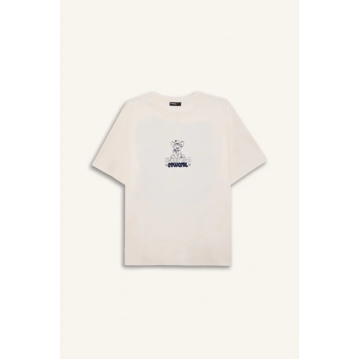 Defacto E4683 Beyaz Coool Oversize Geniş Kalıp Bisiklet Yaka Baskılı Kısa Kollu Beyaz Tişört