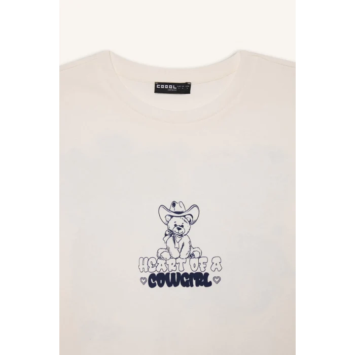 Defacto E4683 Beyaz Coool Oversize Geniş Kalıp Bisiklet Yaka Baskılı Kısa Kollu Beyaz Tişört