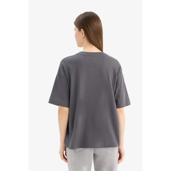 Defacto E2794 Antrasit Oversize Geniş Kalıp Bisiklet Yaka Baskılı Penye Kısa Kollu Tişört