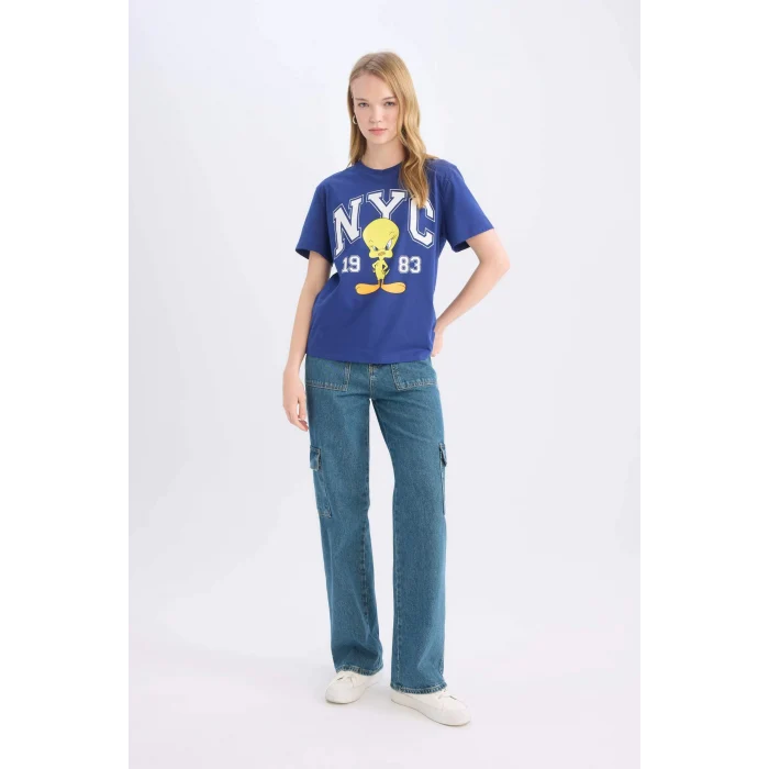 Defacto D9108 İndigo Coool Looney Tunes Regular Fit Baskılı Kısa Kollu Tişört