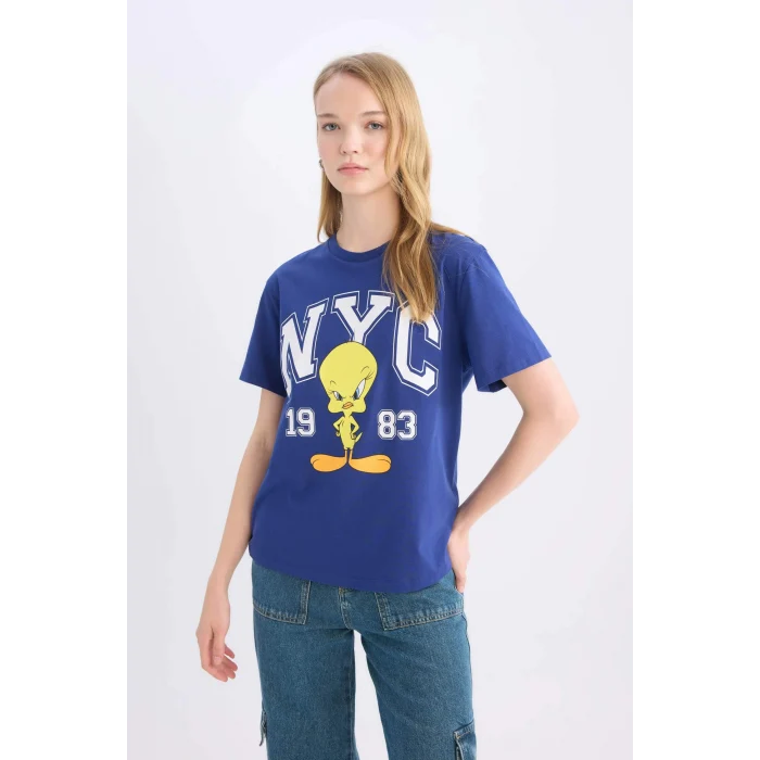 Defacto D9108 İndigo Coool Looney Tunes Regular Fit Baskılı Kısa Kollu Tişört