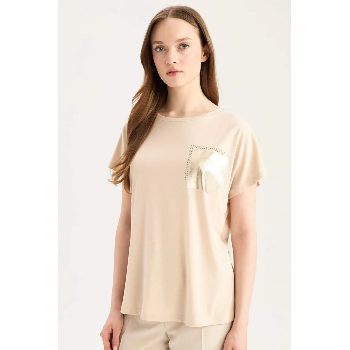 Defacto D8928 Bej Bisiklet Yaka Baskılı Kısa Kollu Tişört
