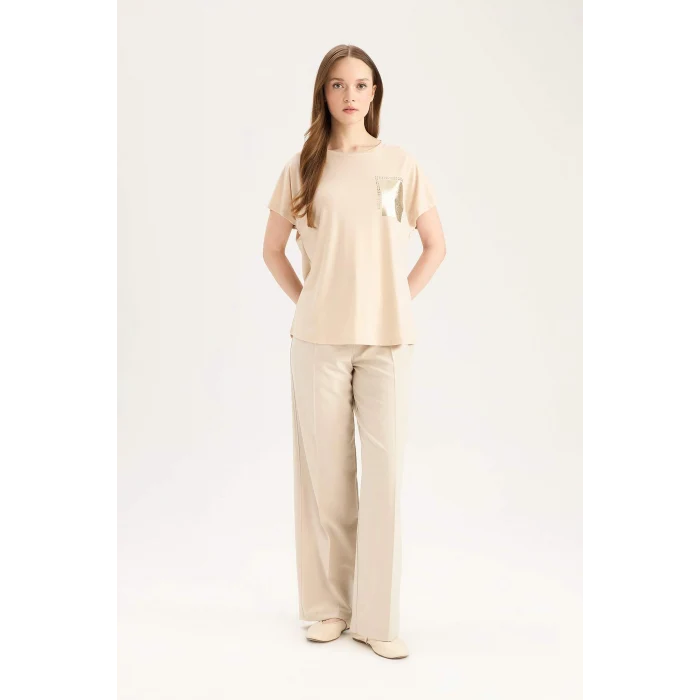 Defacto D8928 Bej Bisiklet Yaka Baskılı Kısa Kollu Tişört