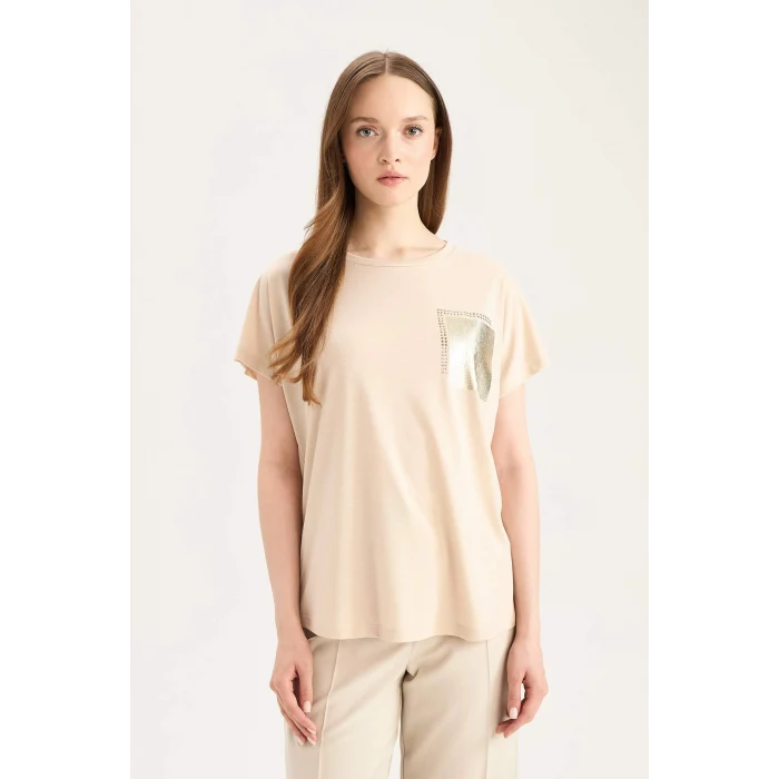 Defacto D8928 Bej Bisiklet Yaka Baskılı Kısa Kollu Tişört