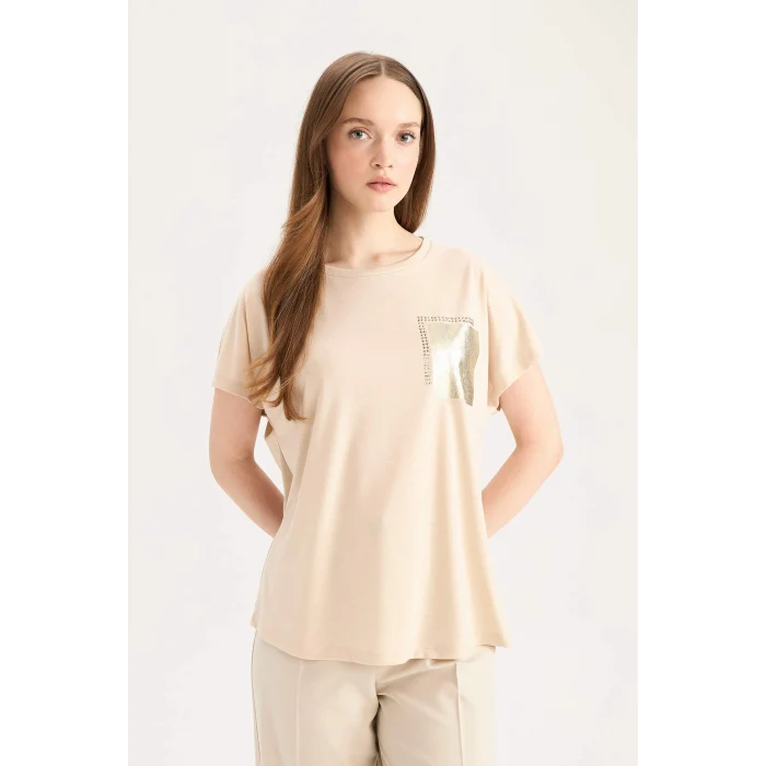 Defacto D8928 Bej Bisiklet Yaka Baskılı Kısa Kollu Tişört