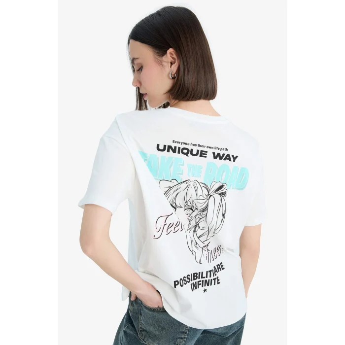 Defacto F2241 Beyaz Coool Oversize Geniş Kalıp Bisiklet Yaka Baskılı Kısa Kollu Tişört