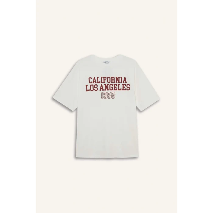 Defacto D9608 Beyaz Oversize Geniş Kalıp Bisiklet Yaka Baskılı Kısa Kollu Tişört