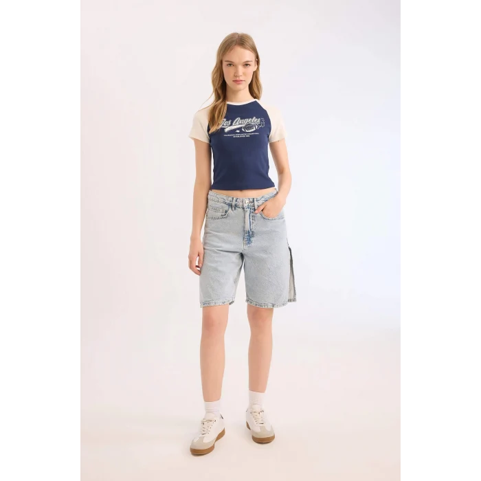 Defacto E0656 Lacivert Coool Fitted Bisiklet Yaka Baskılı Fitilli Kaşkorse Kısa Kollu Tişört