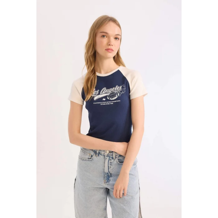 Defacto E0656 Lacivert Coool Fitted Bisiklet Yaka Baskılı Fitilli Kaşkorse Kısa Kollu Tişört