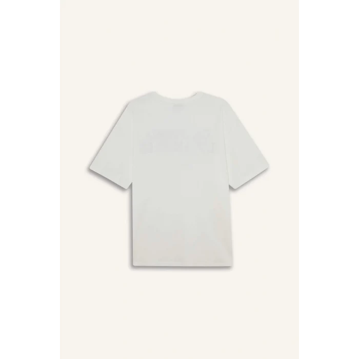 Defacto D9608 Beyaz Oversize Geniş Kalıp Bisiklet Yaka Baskılı Kısa Kollu Tişört