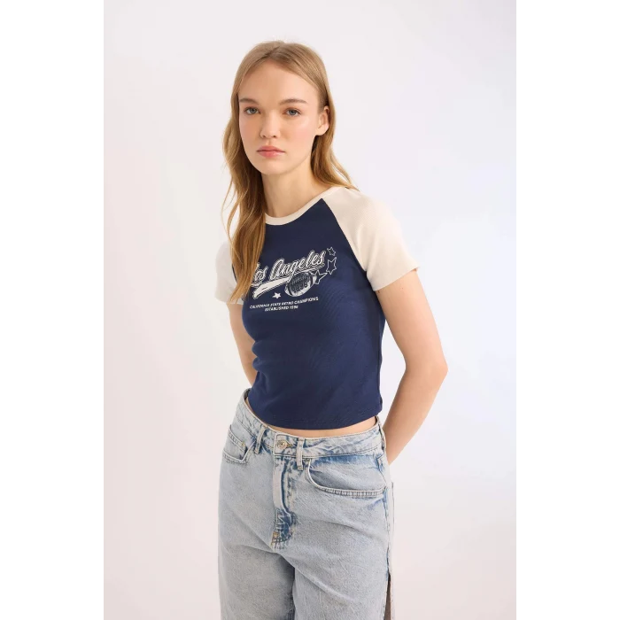 Defacto E0656 Lacivert Coool Fitted Bisiklet Yaka Baskılı Fitilli Kaşkorse Kısa Kollu Tişört