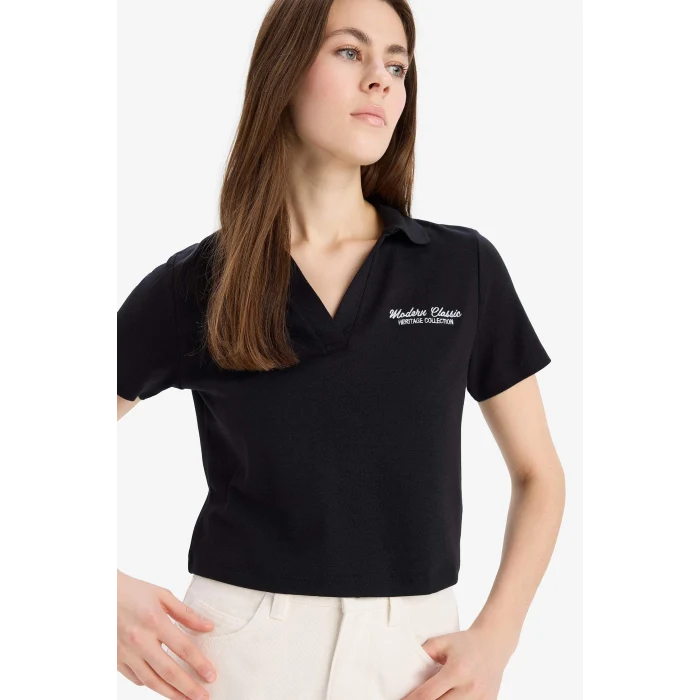 Defacto E5150 Siyah Slim Fit Dar Kesim Polo Yaka Nakış Baskı Baskılı Modal Kısa Kollu Tişört