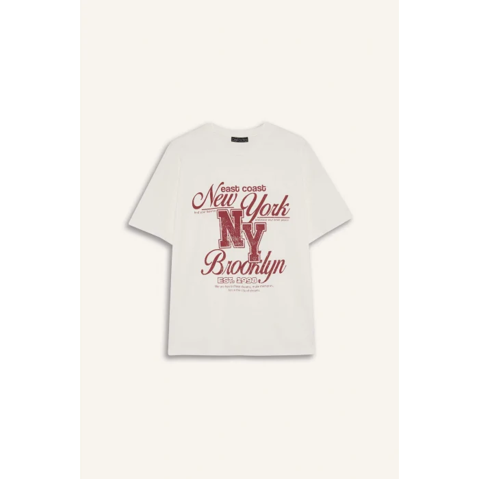 Defacto E5993 Beyaz Oversize Geniş Kalıp Bisiklet Yaka Baskılı Kısa Kollu Tişört