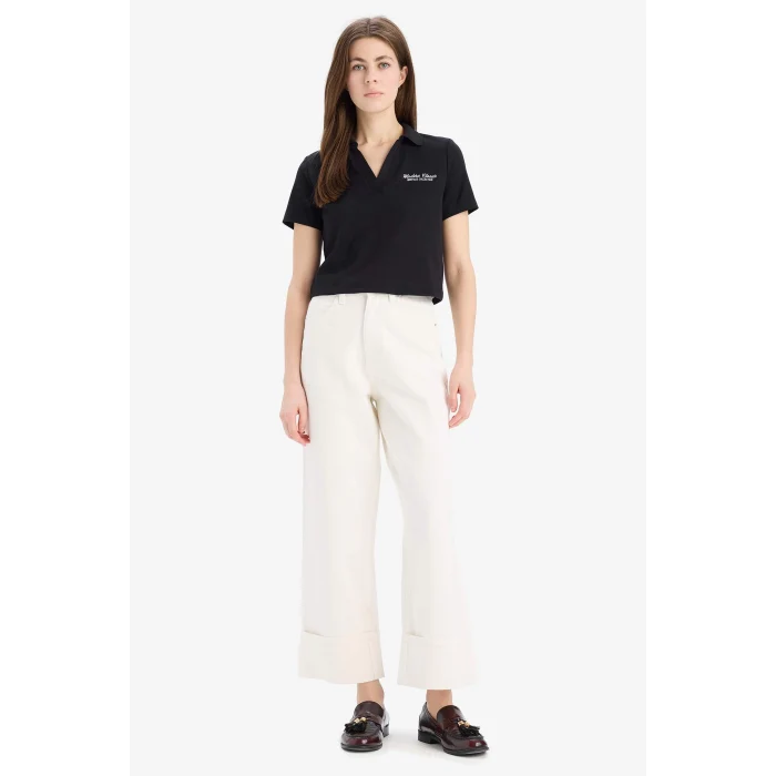 Defacto E5150 Siyah Slim Fit Dar Kesim Polo Yaka Nakış Baskı Baskılı Modal Kısa Kollu Tişört