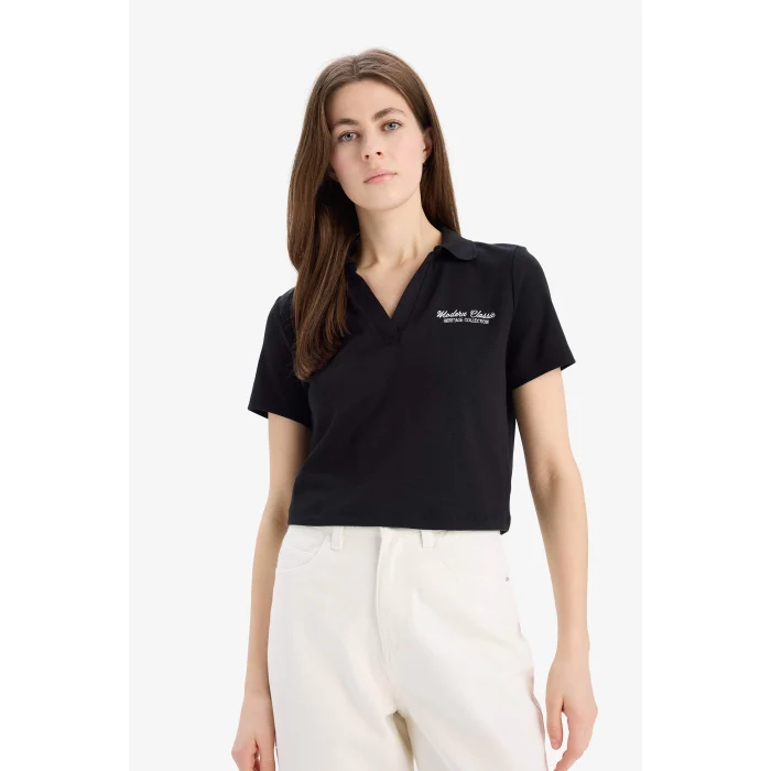 Defacto E5150 Siyah Slim Fit Dar Kesim Polo Yaka Nakış Baskı Baskılı Modal Kısa Kollu Tişört