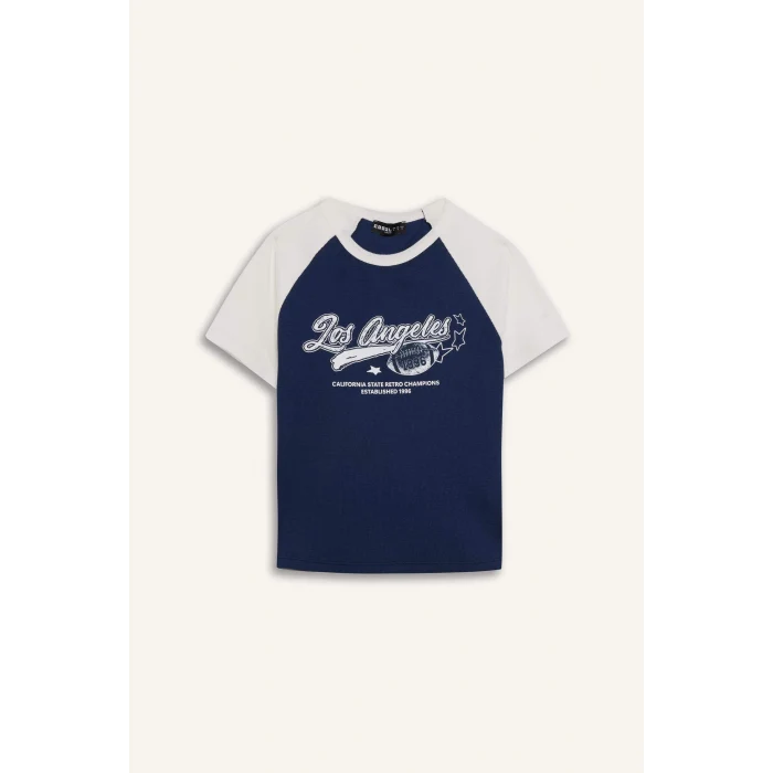 Defacto E0656 Lacivert Coool Fitted Bisiklet Yaka Baskılı Fitilli Kaşkorse Kısa Kollu Tişört