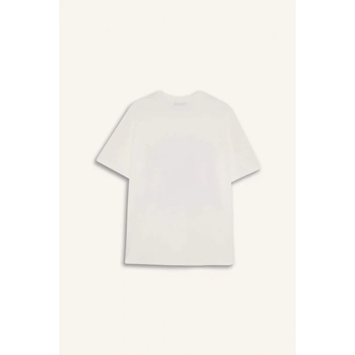 Defacto E5993 Beyaz Oversize Geniş Kalıp Bisiklet Yaka Baskılı Kısa Kollu Tişört