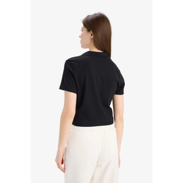 Defacto E5150 Siyah Slim Fit Dar Kesim Polo Yaka Nakış Baskı Baskılı Modal Kısa Kollu Tişört