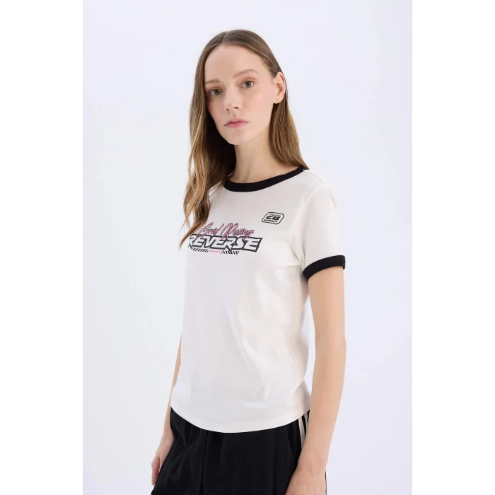 Defacto E4378 Beyaz Coool Regular Fit Bisiklet Yaka Baskılı Ribana Kısa Kollu Tişört