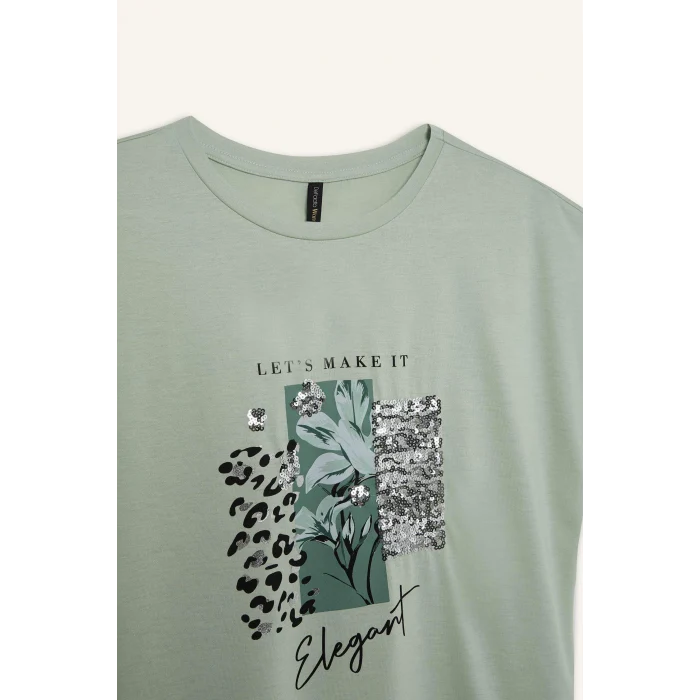 Defacto D8926 Yeşil  Bisiklet Yaka Baskılı Yarasa Kollu Tişört