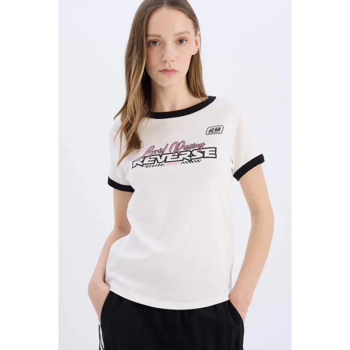 Defacto E4378 Beyaz Coool Regular Fit Bisiklet Yaka Baskılı Ribana Kısa Kollu Tişört