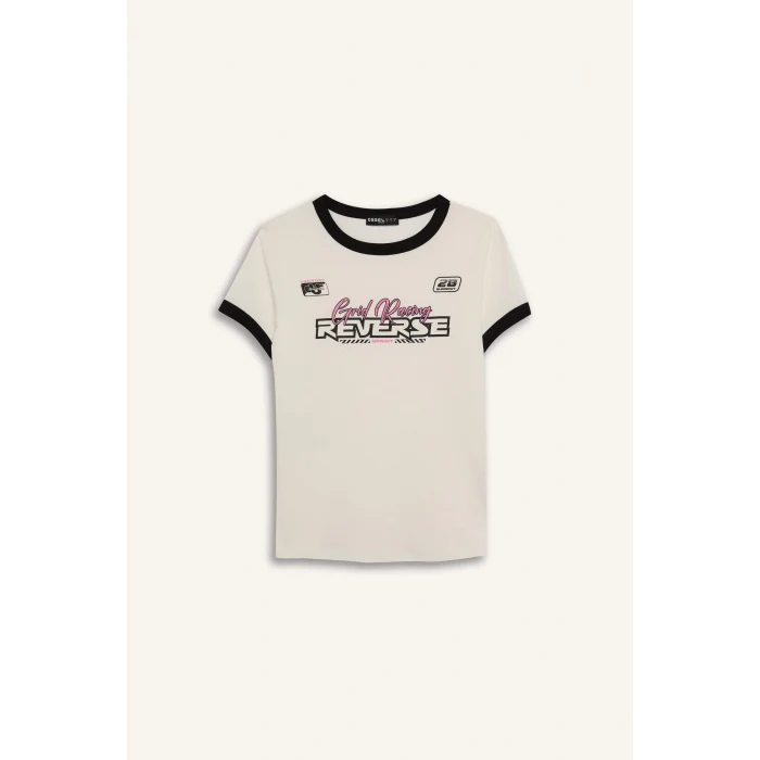 Defacto E4378 Beyaz Coool Regular Fit Bisiklet Yaka Baskılı Ribana Kısa Kollu Tişört