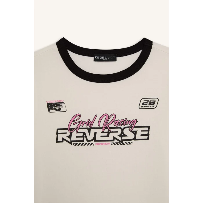 Defacto E4378 Beyaz Coool Regular Fit Bisiklet Yaka Baskılı Ribana Kısa Kollu Tişört