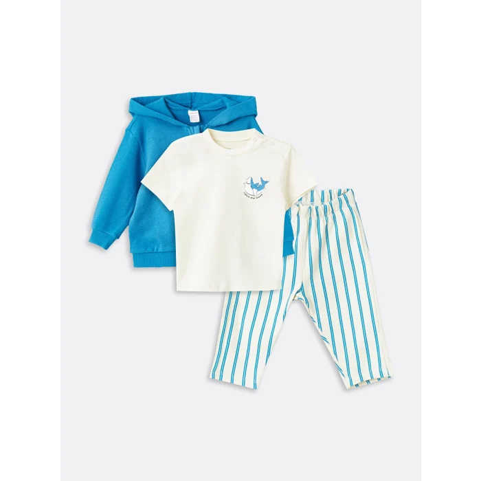 LCW baby Ekru Bisiklet Yaka Baskılı Erkek Bebek 3lü Takım