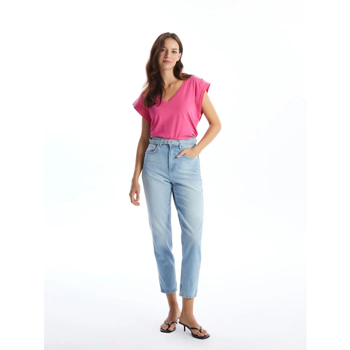 LCW Jeans Indigo Beli Kemerli Mom Fit Kadın Jean Pantolon