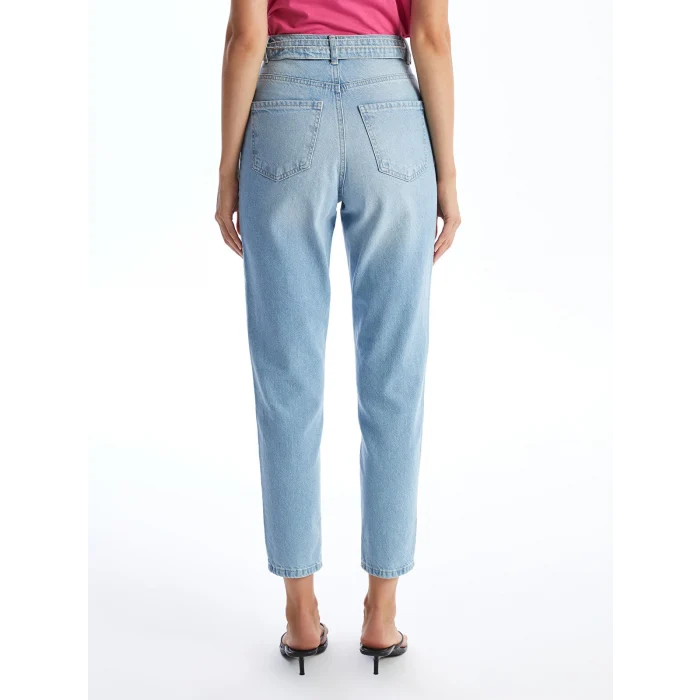 LCW Jeans Indigo Beli Kemerli Mom Fit Kadın Jean Pantolon