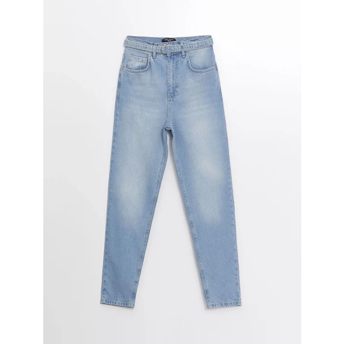 LCW Jeans Indigo Beli Kemerli Mom Fit Kadın Jean Pantolon