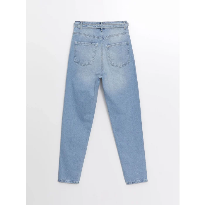 LCW Jeans Indigo Beli Kemerli Mom Fit Kadın Jean Pantolon