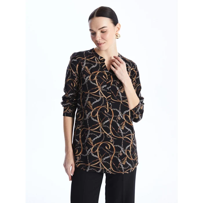 LCW Grace Siyah Kaçık Yaka Desenli Uzun Kollu Kadın Bluz