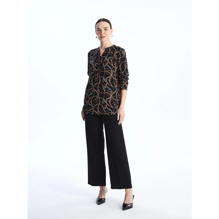 LCW Grace Siyah Kaçık Yaka Desenli Uzun Kollu Kadın Bluz