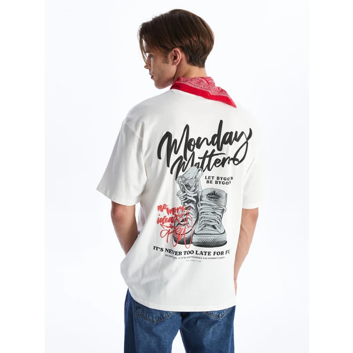 XSIDE Ekru Bisiklet Yaka Kısa Kollu Baskılı Penye Erkek Tişört