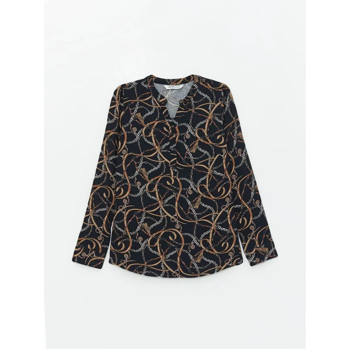 LCW Grace Siyah Kaçık Yaka Desenli Uzun Kollu Kadın Bluz