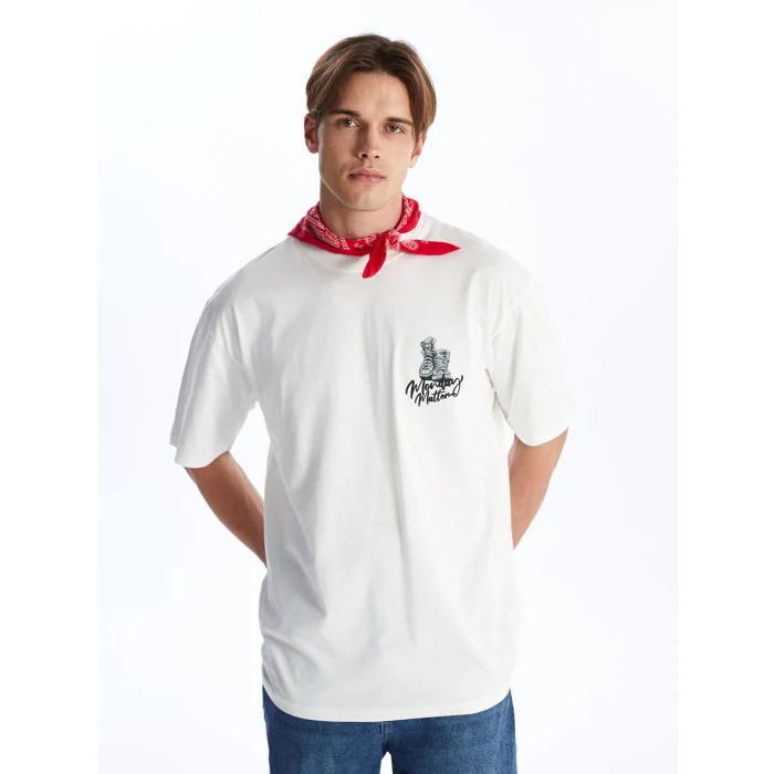 XSIDE Ekru Bisiklet Yaka Kısa Kollu Baskılı Penye Erkek Tişört