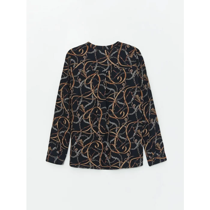 LCW Grace Siyah Kaçık Yaka Desenli Uzun Kollu Kadın Bluz