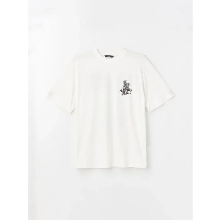 XSIDE Ekru Bisiklet Yaka Kısa Kollu Baskılı Penye Erkek Tişört