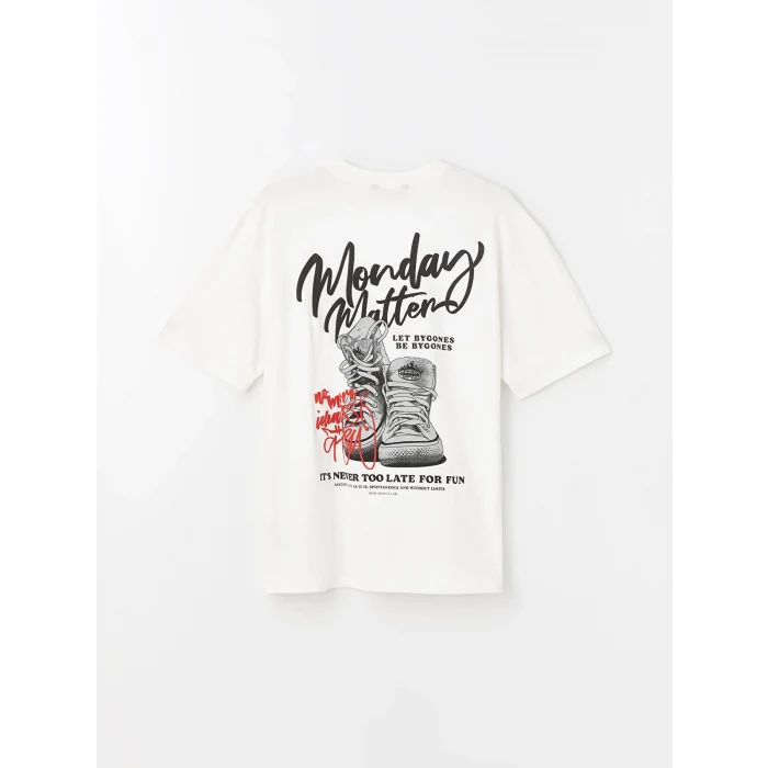 XSIDE Ekru Bisiklet Yaka Kısa Kollu Baskılı Penye Erkek Tişört