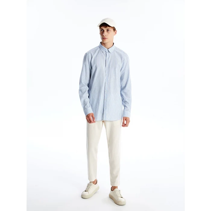 SOUTHBLUE Mavi Slim Fit Uzun Kollu Çizgili Poplin Erkek Gömlek