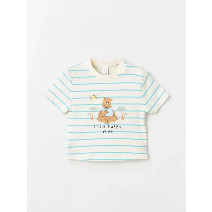 LCW baby Ekru Bisiklet Yaka Kısa Kollu Çizgili Erkek Bebek Tişört ve Şort 2li Takım