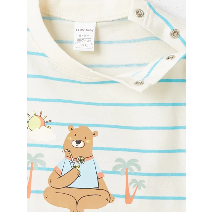 LCW baby Ekru Bisiklet Yaka Kısa Kollu Çizgili Erkek Bebek Tişört ve Şort 2li Takım