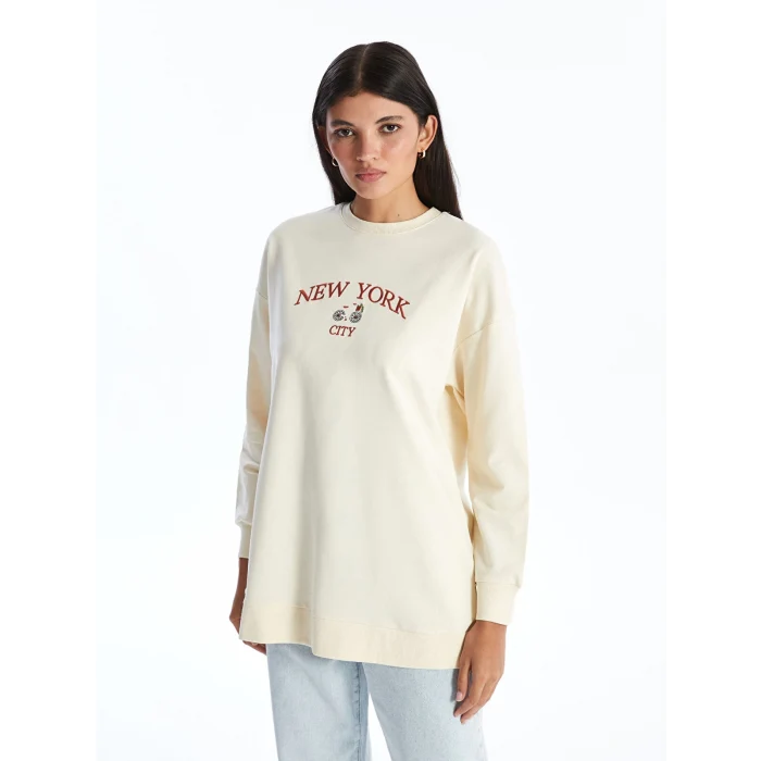 LCW Modest Bej Bisiklet Yaka Nakışlı Kadın Sweatshirt Tunik