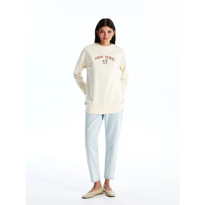 LCW Modest Bej Bisiklet Yaka Nakışlı Kadın Sweatshirt Tunik