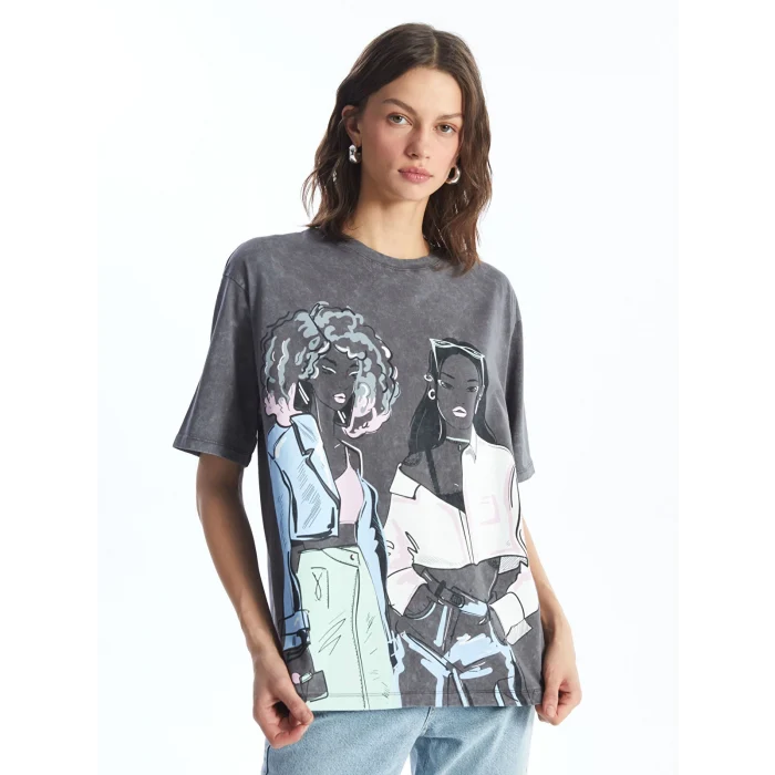 LCW Vision Antrasit Bisiklet Yaka Baskılı Kısa Kollu Oversize Kadın Tişört