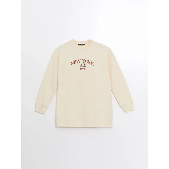 LCW Modest Bej Bisiklet Yaka Nakışlı Kadın Sweatshirt Tunik
