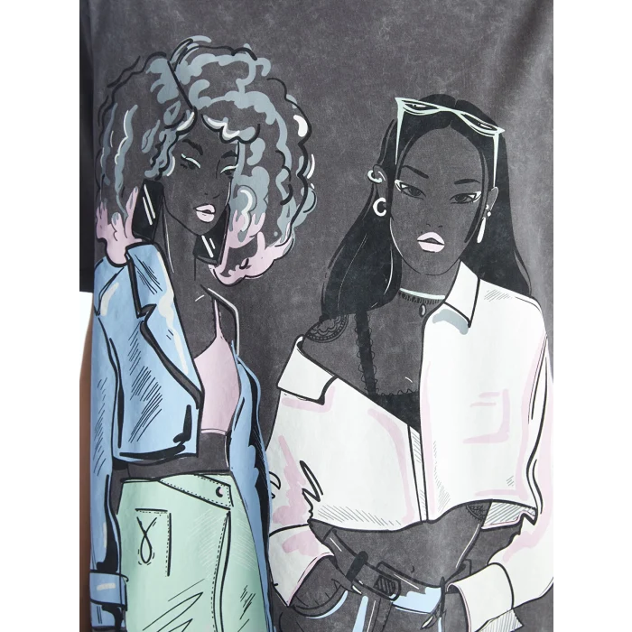 LCW Vision Antrasit Bisiklet Yaka Baskılı Kısa Kollu Oversize Kadın Tişört